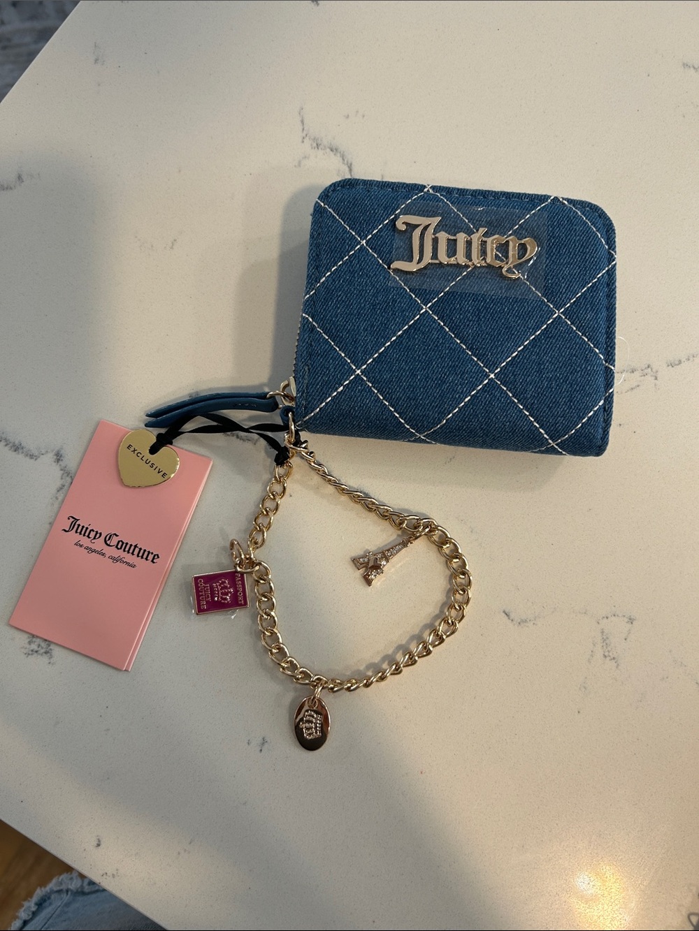 Juicy Couture Blue Quilted Denim Zip Card Holder with Gold Charm Chain